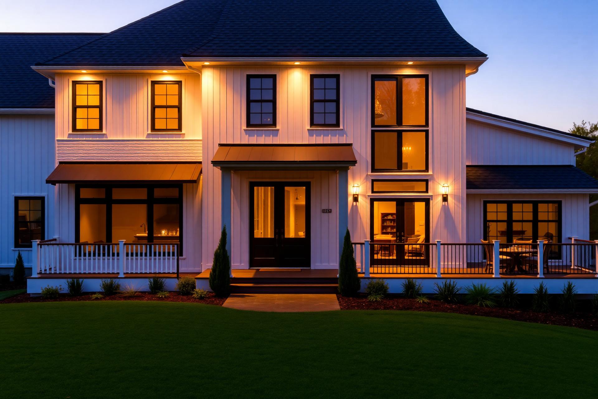 Beautifully remodeled modern farmhouse exterior at twilight